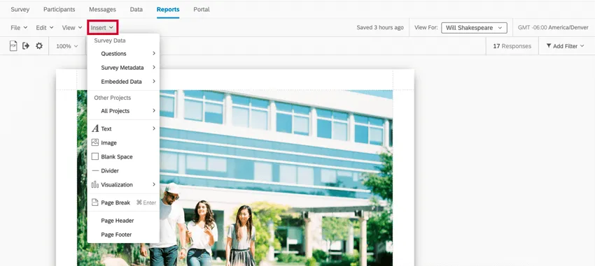 le menu dinsertion dans la barre doutils du rapport