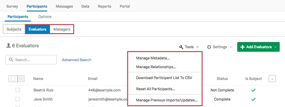 Téléchargement de rapports non disponibles pour les Évaluateurs ou les Managers dans le menu Outils