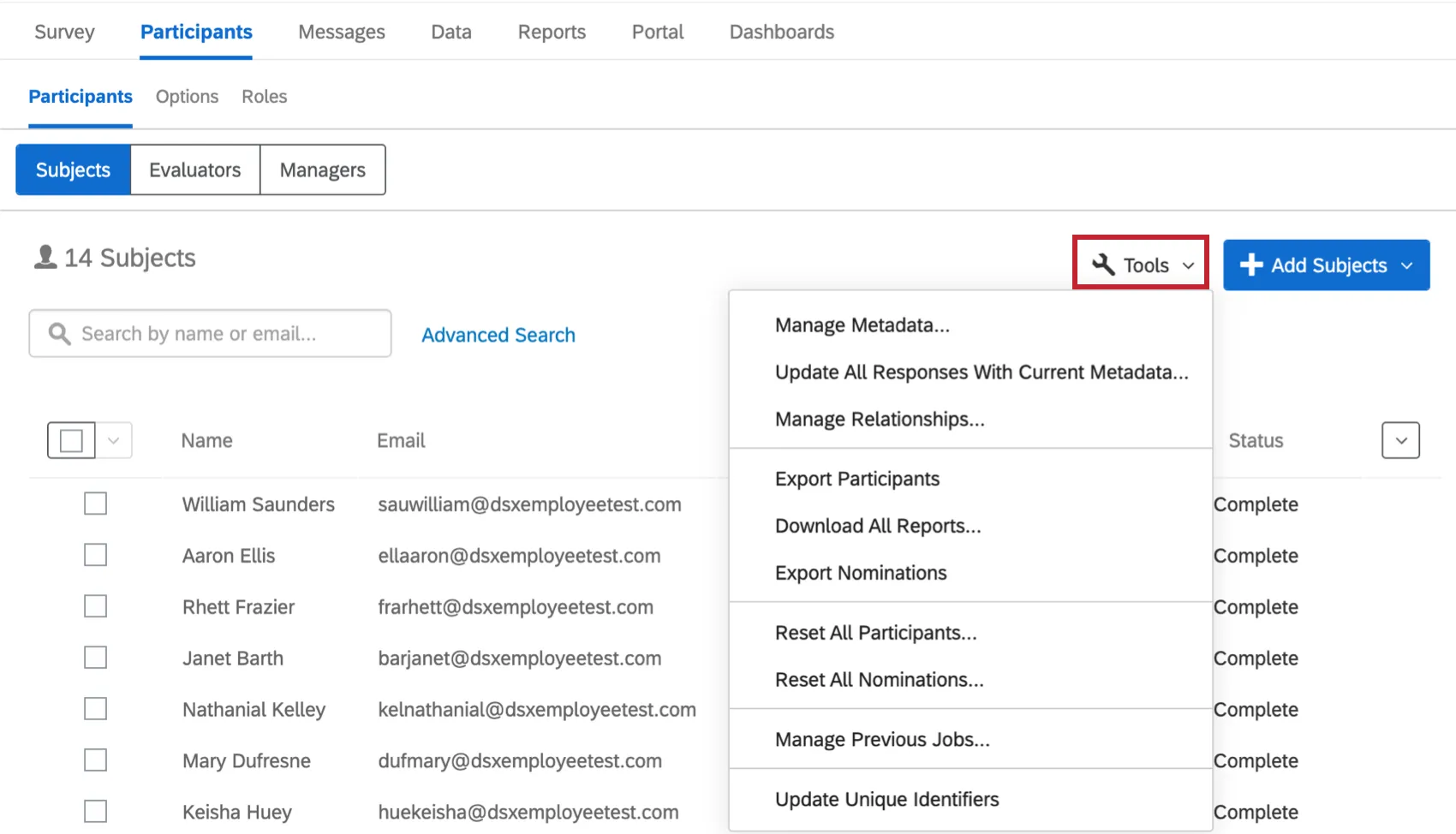 参加者タブのツールドロップダウンメニューオプション