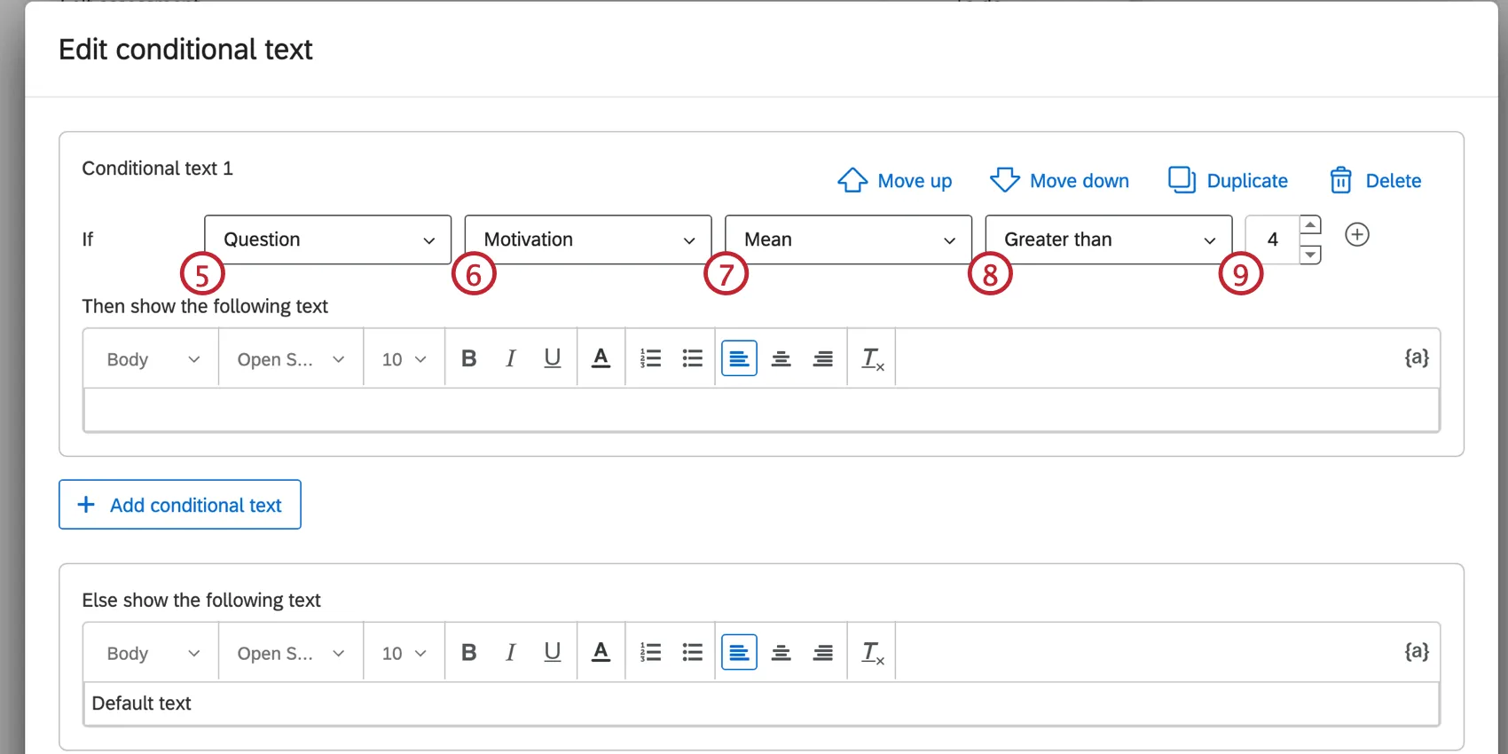 Uma nova janela é aberta, onde você pode adicionar e editar o texto condicional