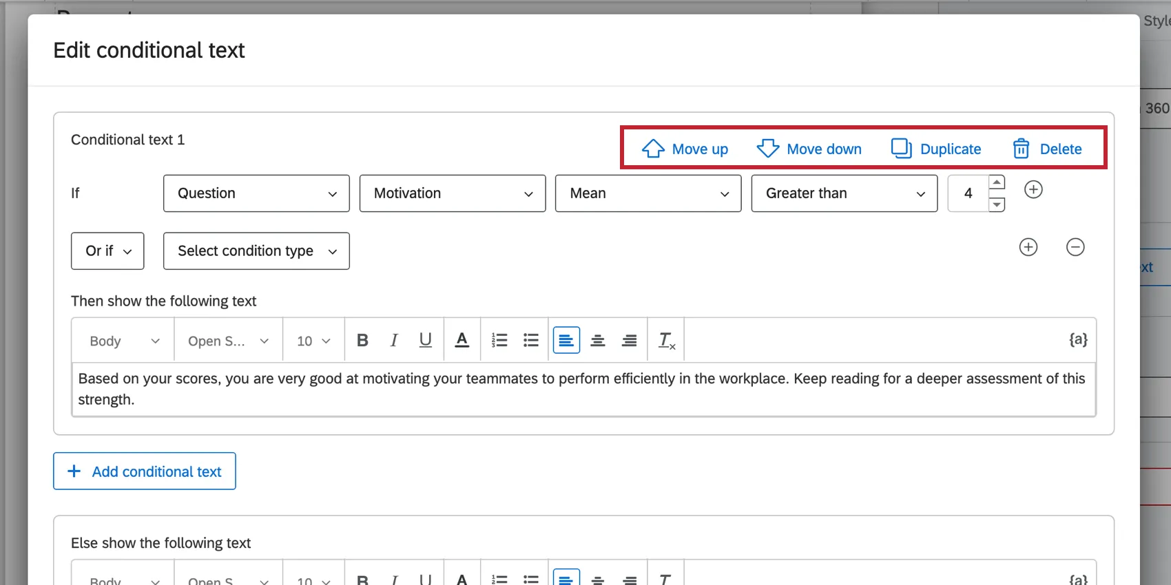 the options in the top right corner of a conditional text set to move, duplicate, or delete the set