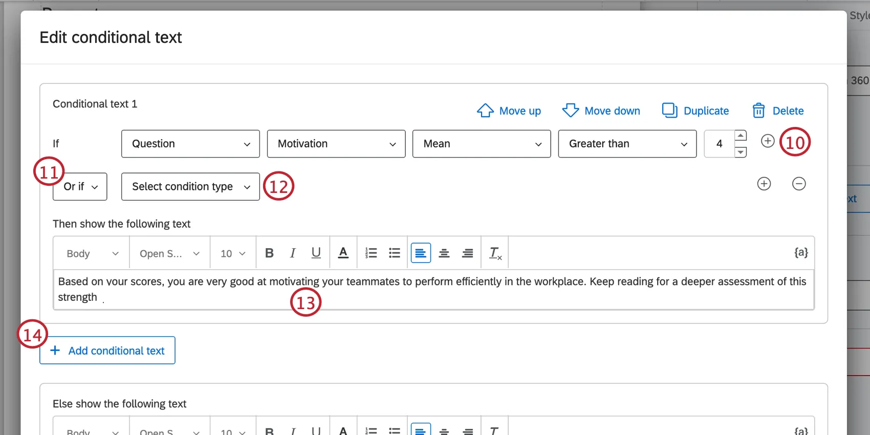 Étapes à suivre pour ajouter des conditions au widget de texte conditionnel, ajouter du texte et ajouter davantage de texte conditionnel.