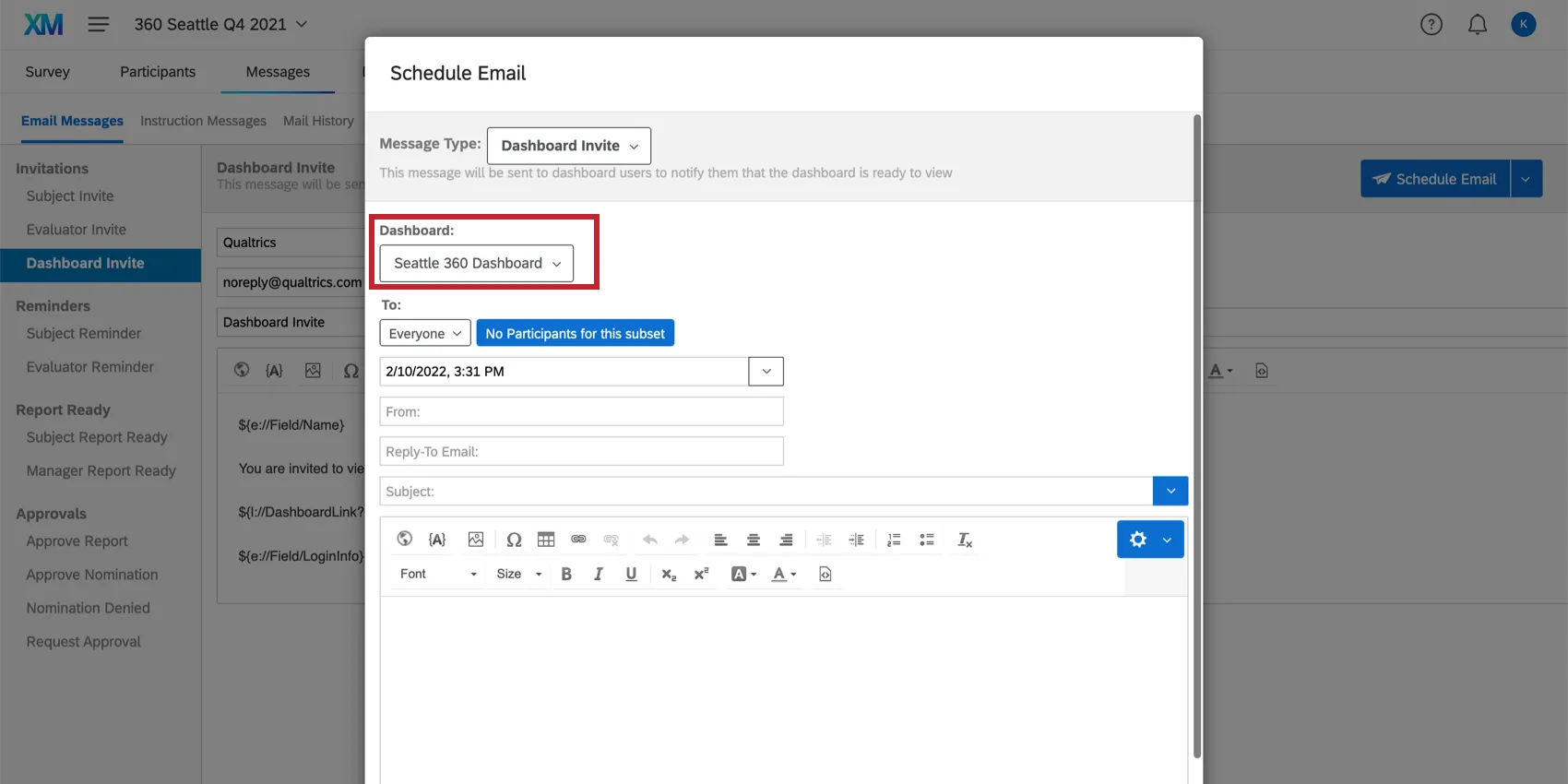 匿名しきい値やダッシュボードを設定できる「Schedule Email」ウィンドウの上部。