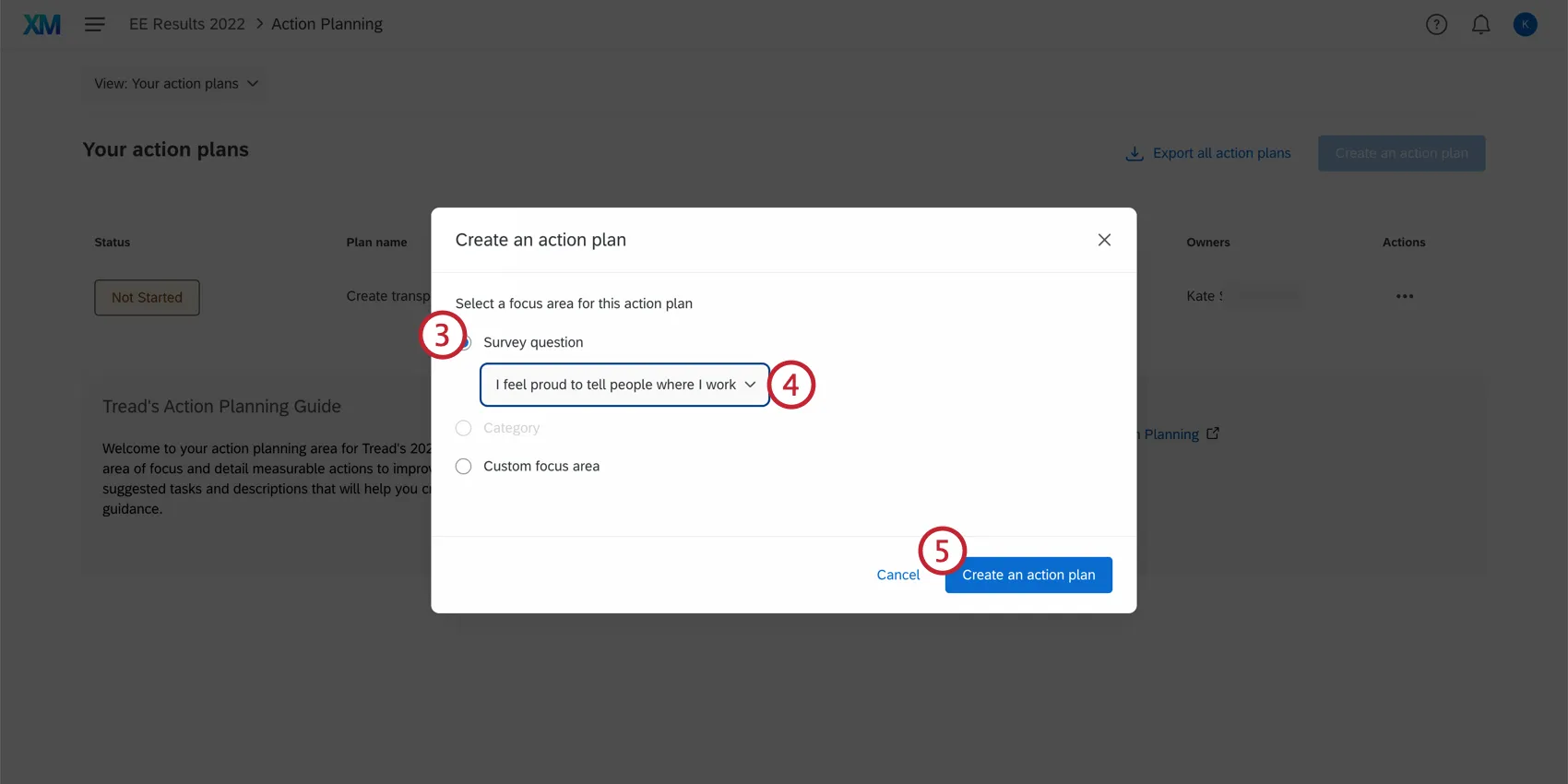 La fenêtre de création du plan daction souvre avec des listes déroulantes en haut et un bouton bleu de création en bas à droite