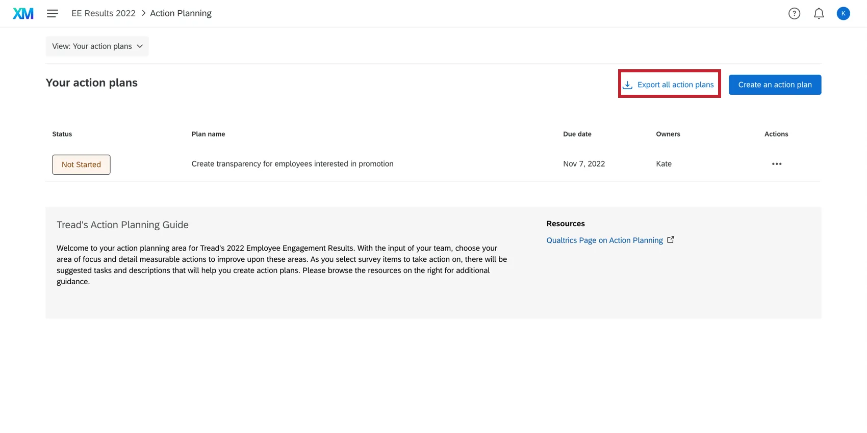 Zeigt die Drucktaste Aktionspläne exportieren auf der Registerkarte „Aktionspläne“ an.