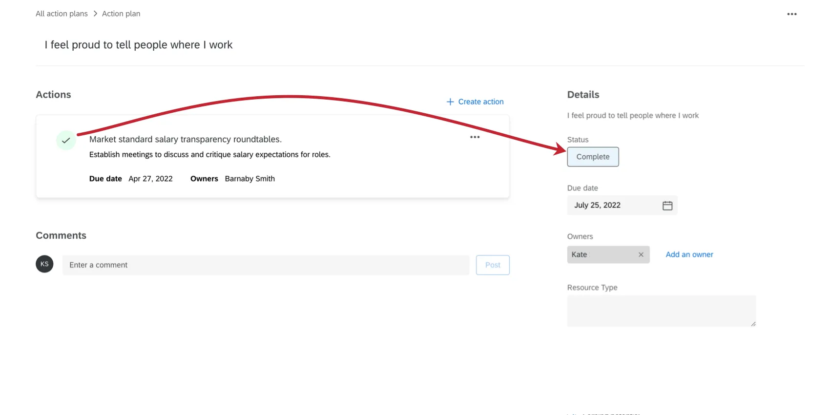 The action plan status can be manually overridden by clicking the Status and changing the Status and Progress fields.