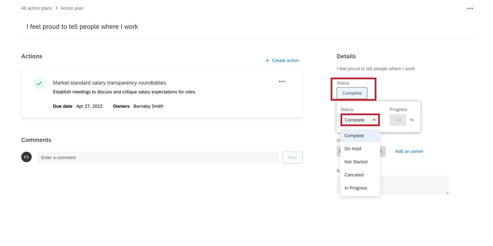 Edit status manually by selecting the status button and choosing a percentage.