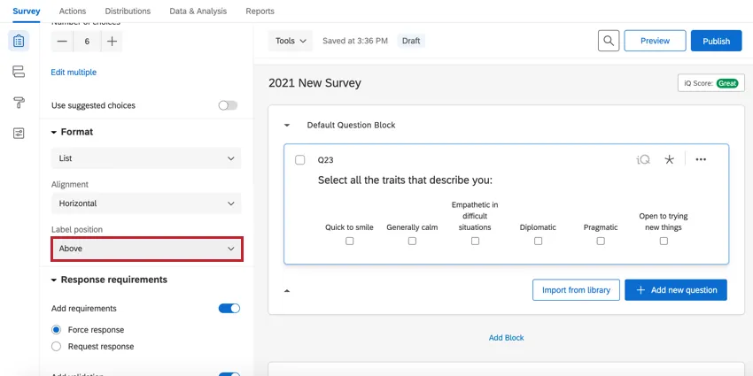 a multiple choice question in the horizontal format. the labels are above the radio buttons