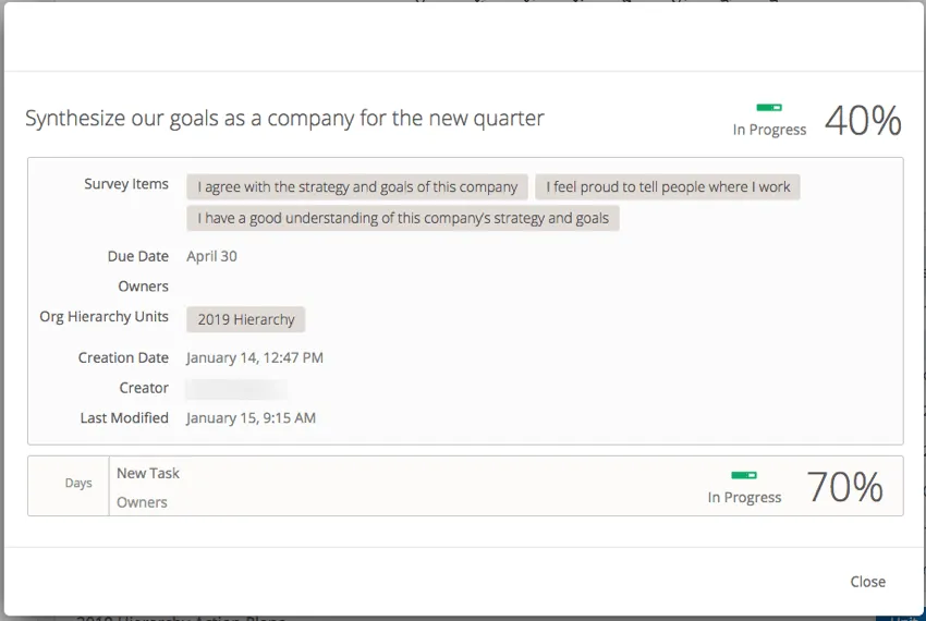 Action plan opened in a window