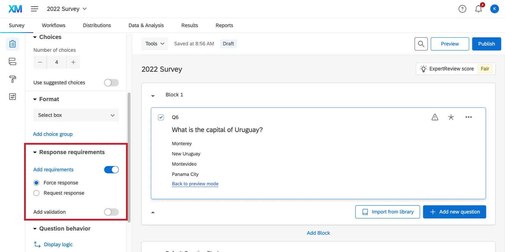 Destacando como adicionar requisitos da pergunta na barra de ferramentas à esquerda