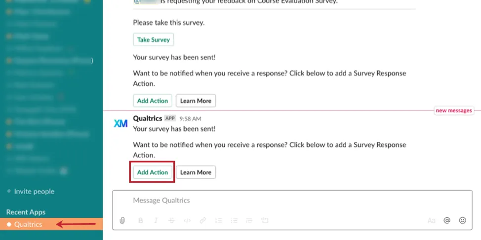 Imagem do bot do aplicativo Qualtrics enviando uma mensagem no Slack para o proprietário do pesquisa. A mensagem diz ao usuário para adicionar uma ação para ser notificado quando respostas forem recebidas