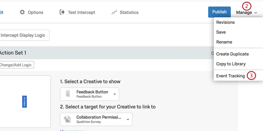 image of the manage and event tracking options in the intercept tab