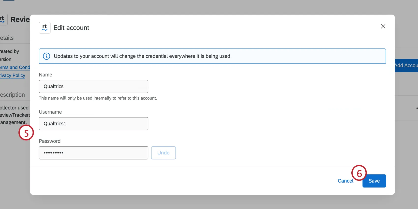 Pop-up di modifica dellaccount