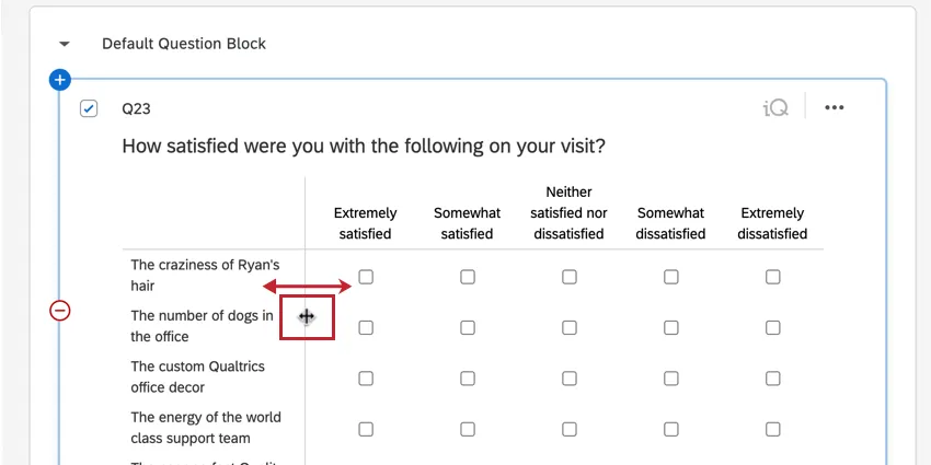 マトリックスの列をドラッグしてサイズを調整する