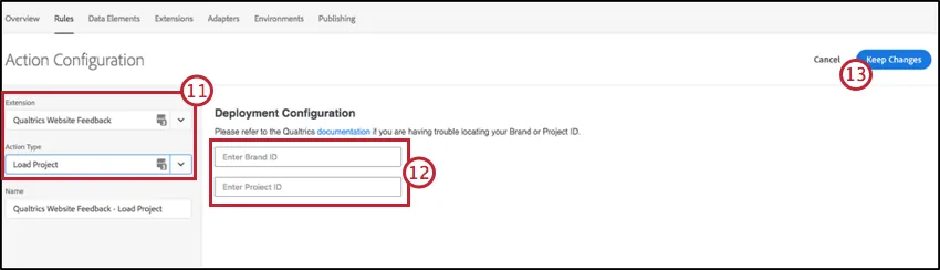 Adobe Launchのアクション設定画面画像
