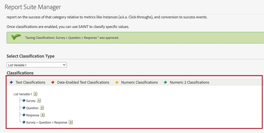 Liste der erforderlichen Klassifizierungsbezeichner in Adobe Analytics.