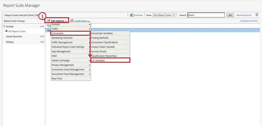 Zeigt Bearbeitungseinstellungen im Report Suite Manager:in von Adobe Analytics an.