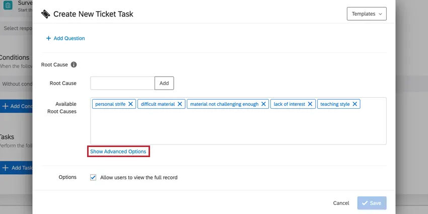 image of the show advanced options button after creating a root cause