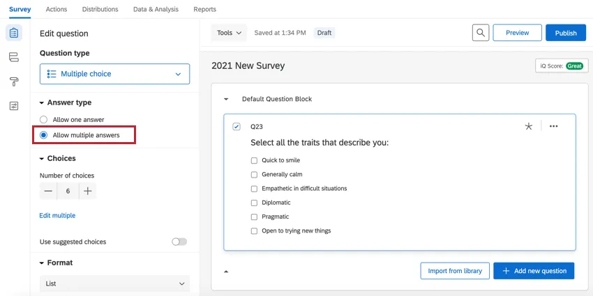 the allow multiple answer toggle on a multiple choice question