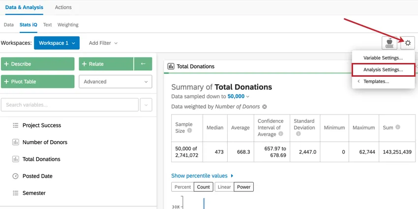 image of the gear icon in the top right hand corner of the Stats iQ workspace used to access analysis settings