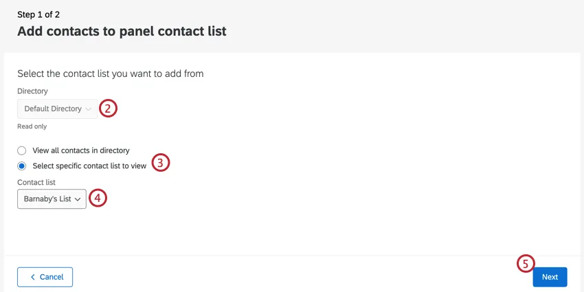 Selecione um diretório e uma lista de contatos e clique em avançar