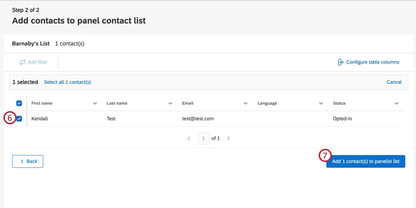 Checkbox next to contact is enabled and add contact button is highlighted