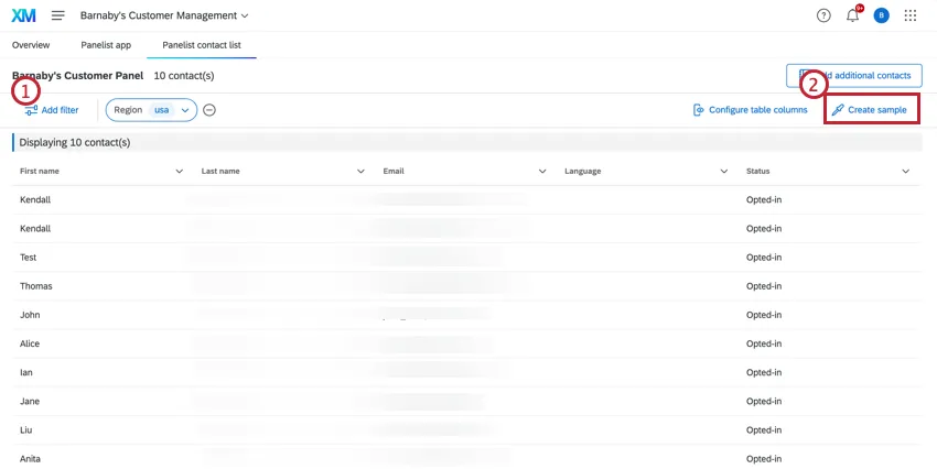 Create sample is highlighted