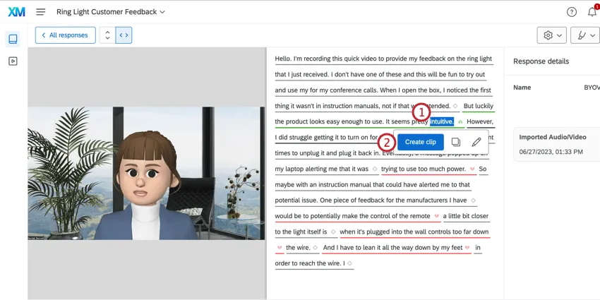 Klicken auf ein Wort in einem Transkript