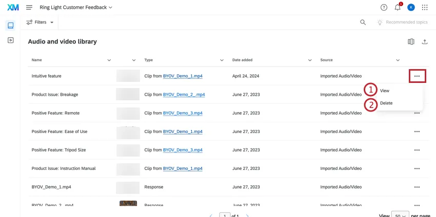 Verwalten von Clips in der Audio-Videobibliothek