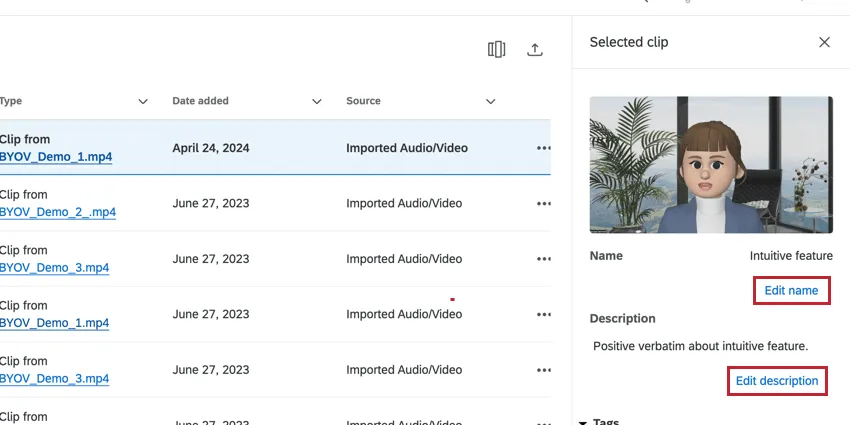 Botão Editar nome e botão Editar descrição