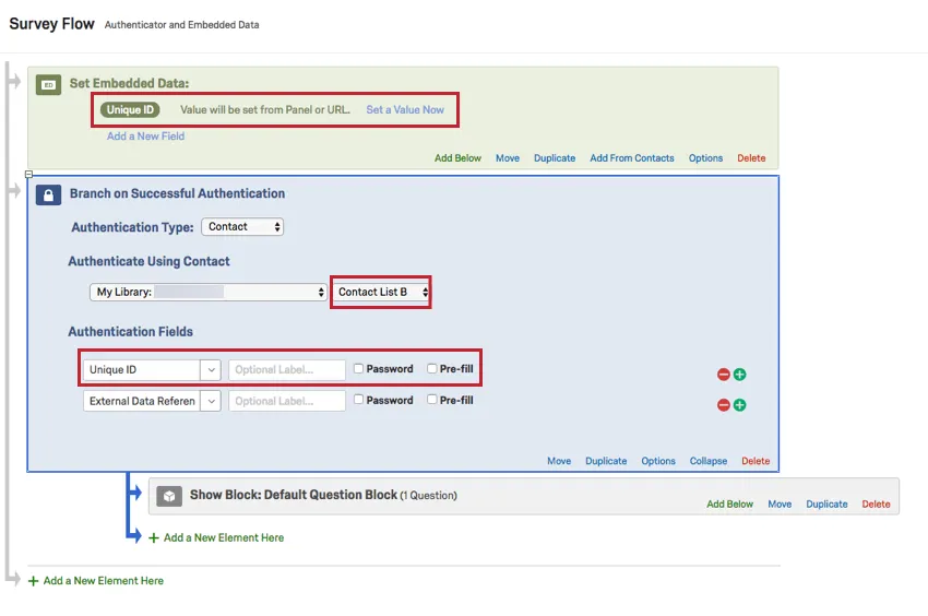 Image of Survey Flow with Embedded Data and Authenticator elements