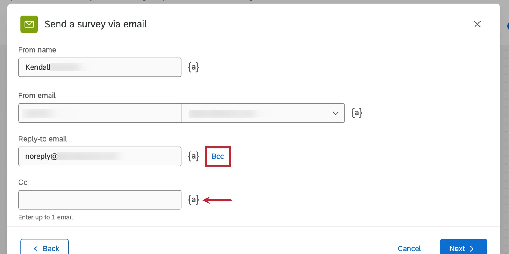BCC and CC buttons next to the reply-to field and an arrow pointing to the piped text symbol