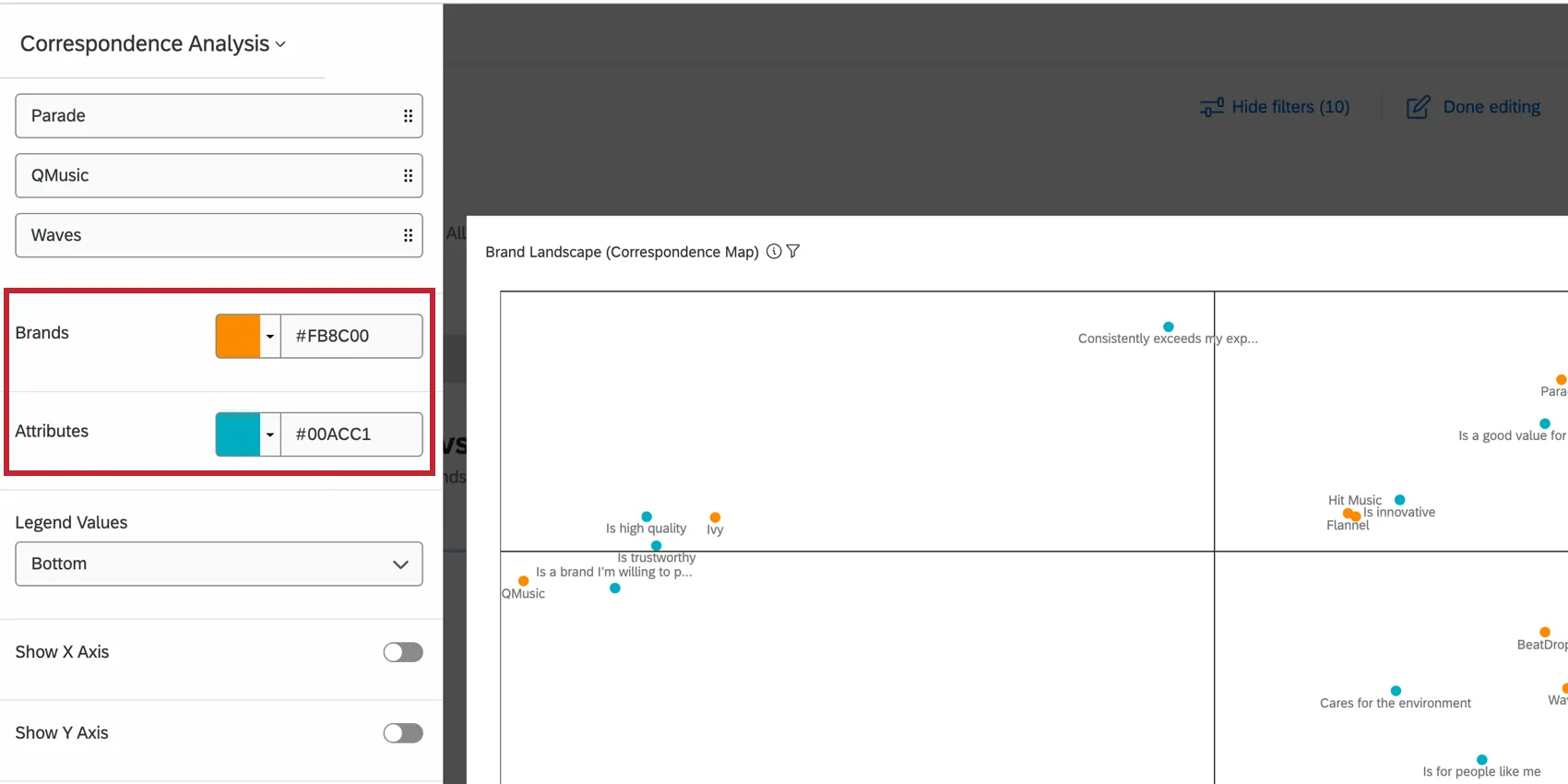Palette de couleurs dans le panneau dédition du widget