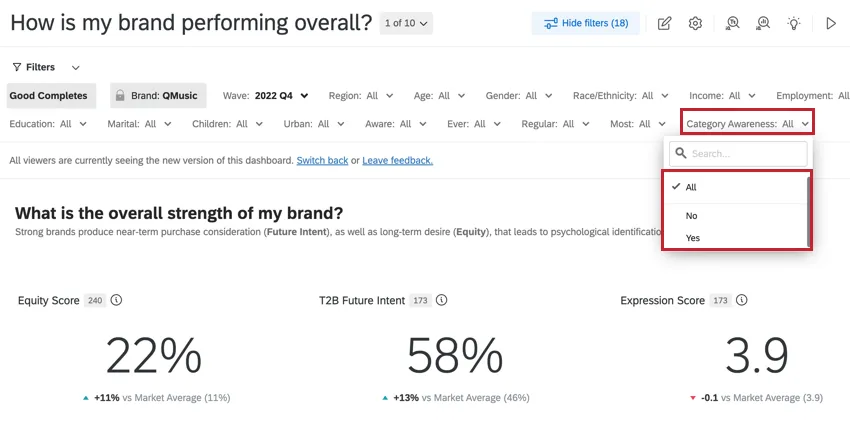Il filtro per la consapevolezza delle categorie è evidenziato testo