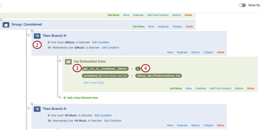 2つの埋め込みデータ変数を持つ、埋め込みデータ要素がネストされた分岐。