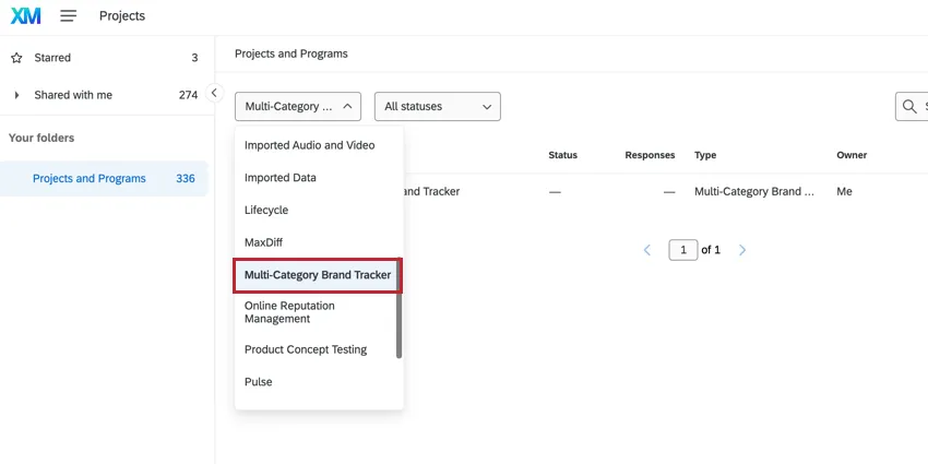 Multi-Category Organisation Tracker dans le menu déroulant du projet