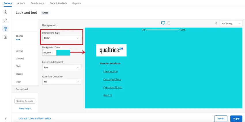 the background section of look & feel. the background type is set to color and a teal background is selected