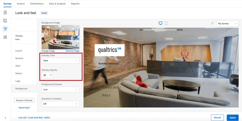 the background section of look & feel. the overlap options are highlighted