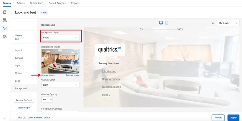 the background section of look & feel. the background type is photo and the change image button is highlighted below the background image