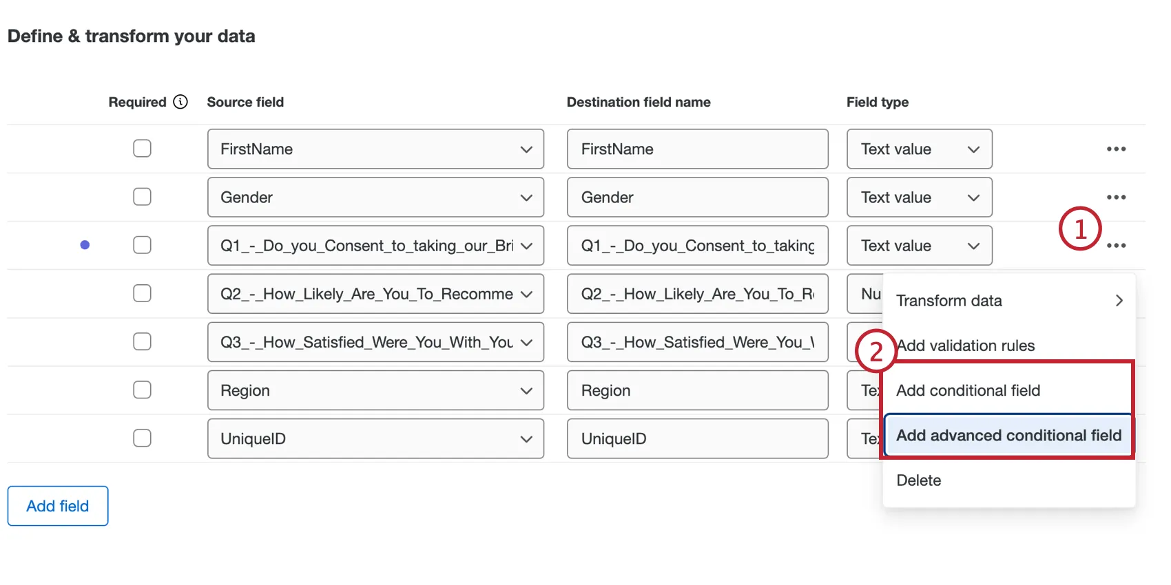 Cliquez sur le menu à trois points à droite, puis sélectionnez le champ conditionnel dans les options