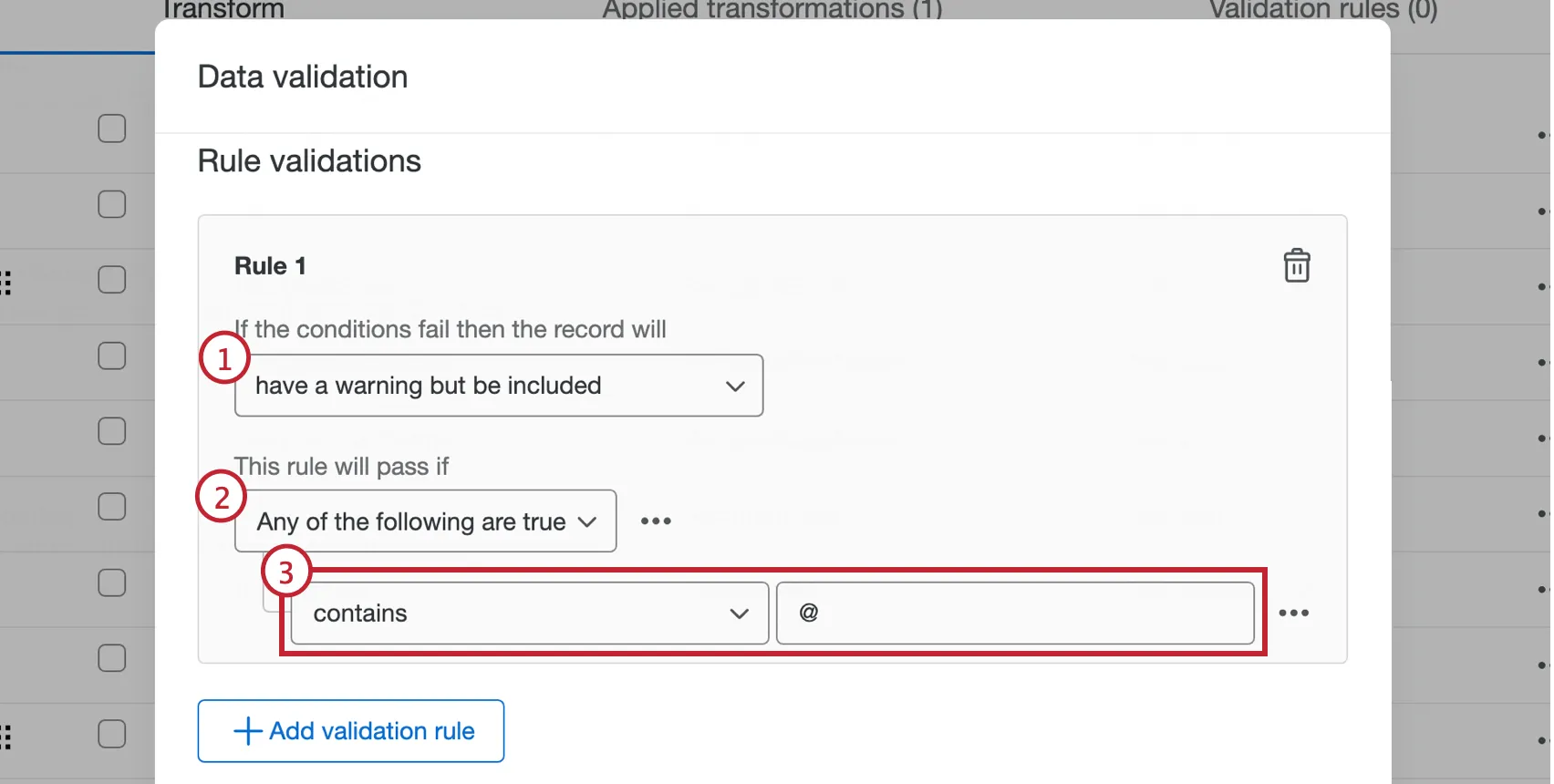 Rule validation setup in data validation menu