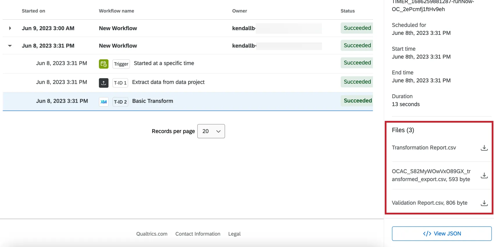 Highlights the fields generated by the data transform task from the run history menu