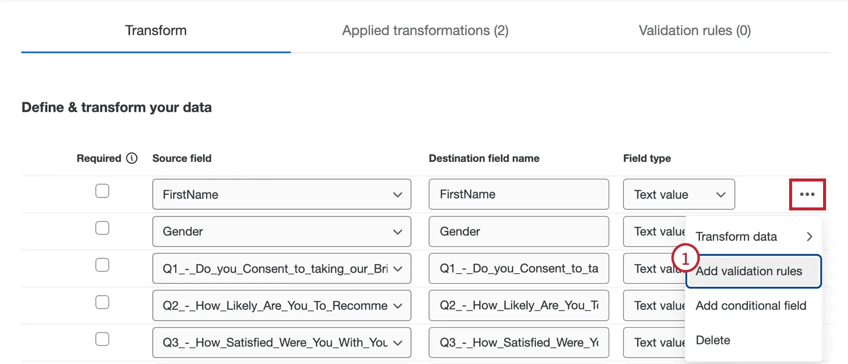 three dot menu with add validation rules highlighted