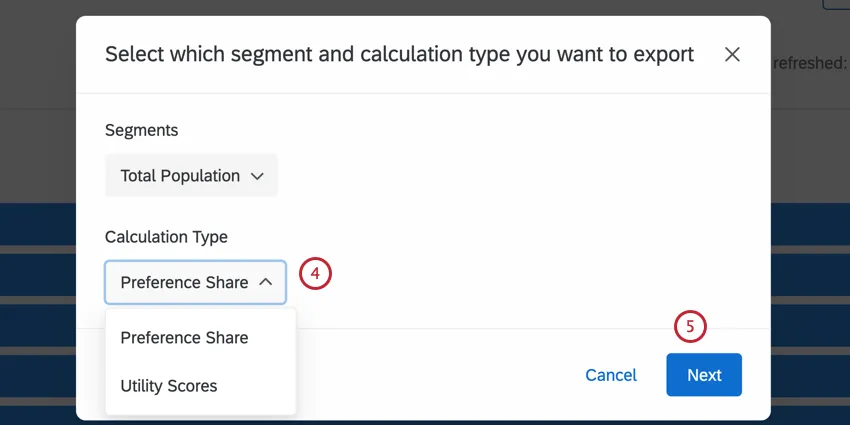 Highlighting the choice of either preference share or utility score to export from a MaxDiff