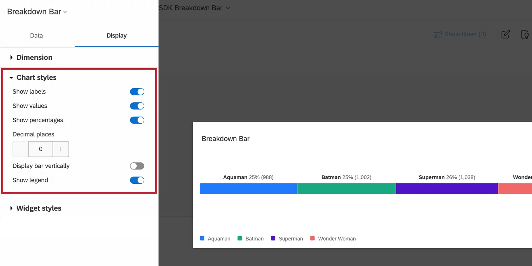 Der Abschnitt Diagrammstile im Menü Anzeigeoptionen
