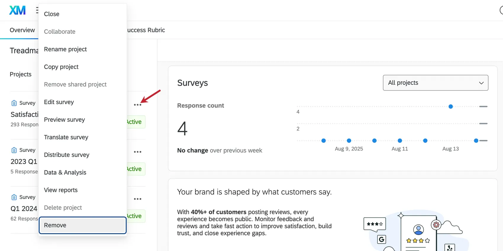 Dots expanded to show project actions like copy, edit, preview, etc.