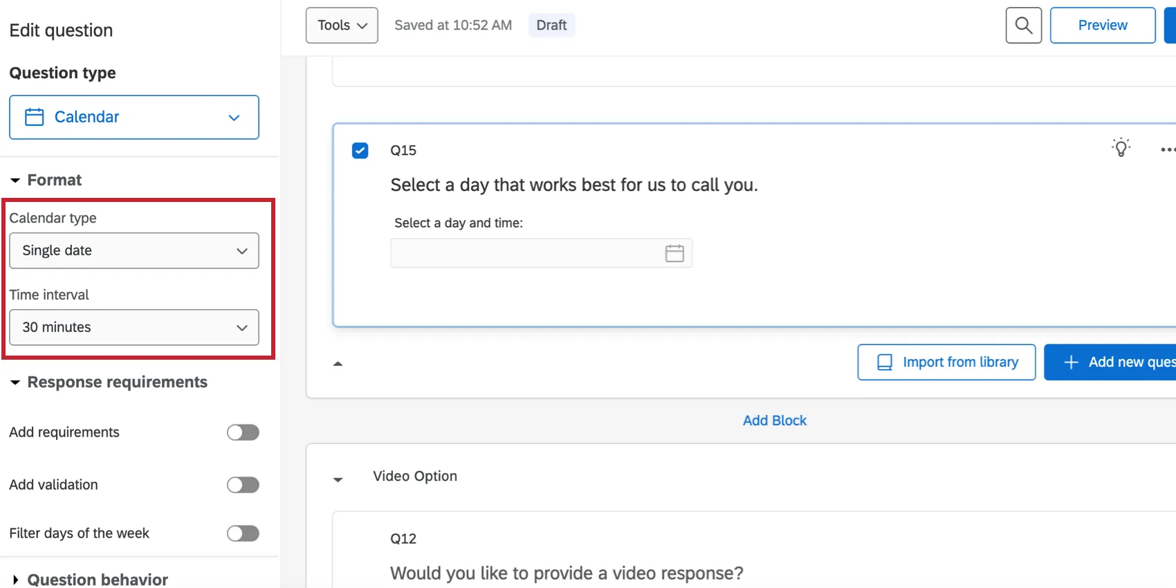 Format settings for the calendar question