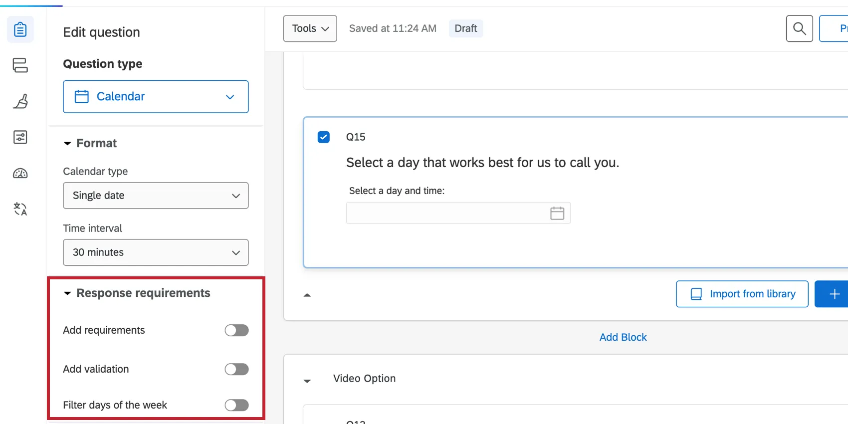 カレンダーの質問の回答の要件