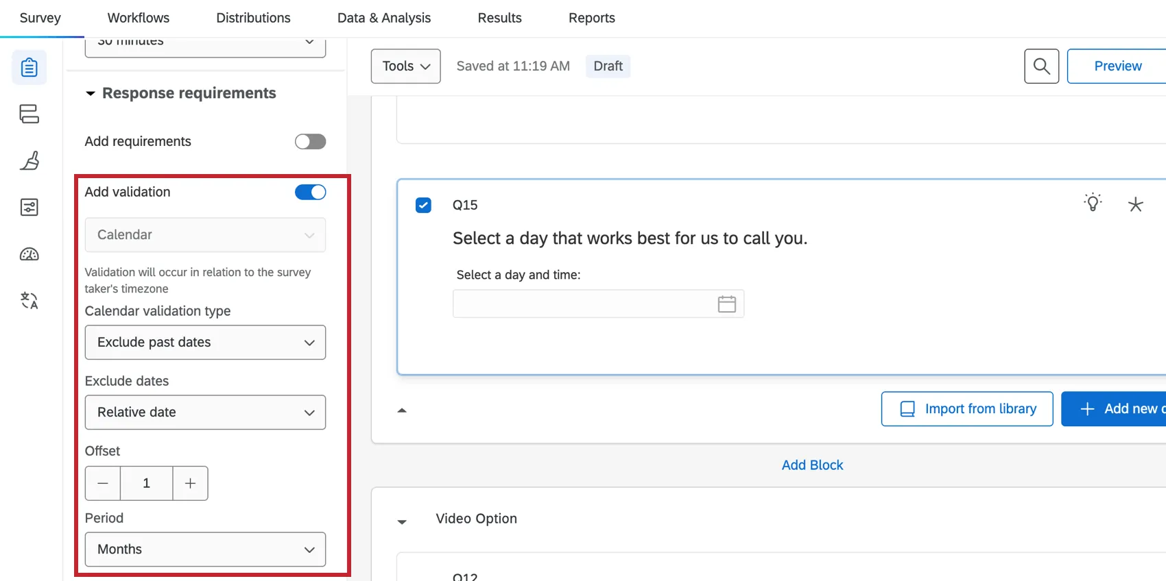Options de validation dans la question du calendrier