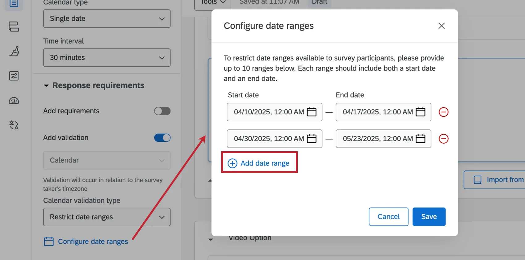 Add date range when configuring dates in the calendar question